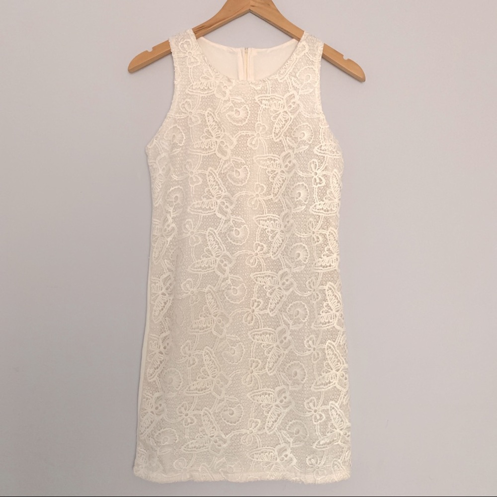 Elegant Wedding Front Lace Jewel Neck Sleeveless Cocktail Dress in White (M)